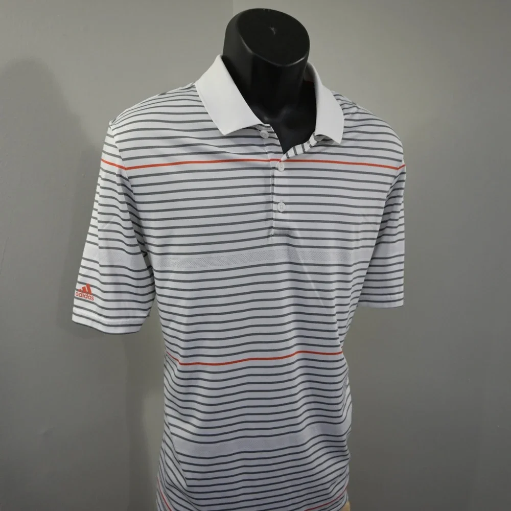 Adidas Golf Polo Shirt Men Large White Gray Orange Striped Climacool Performance